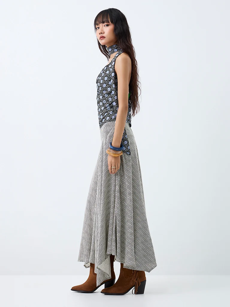 Bombay Paisley Black Striped High-Rise Asymmetrical Skirt