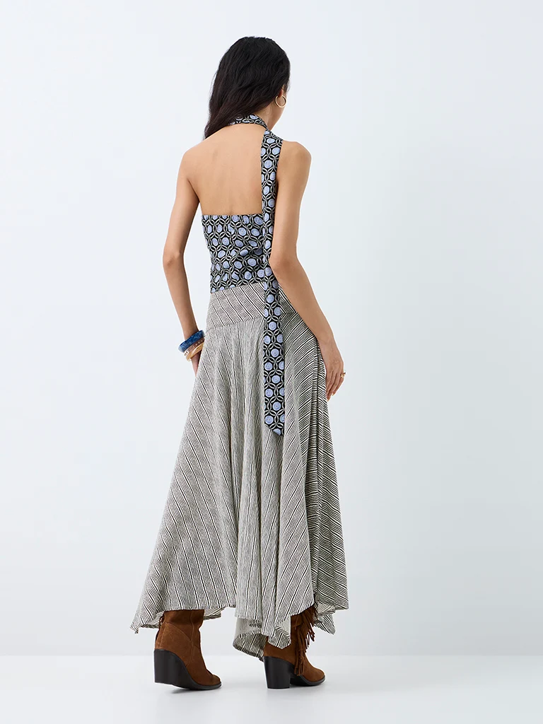 Bombay Paisley Black Striped High-Rise Asymmetrical Skirt