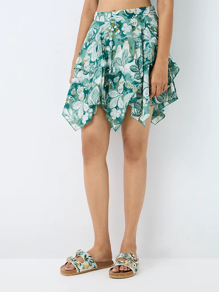 Bombay Paisley Green Printed High-Rise Cotton Tiered Skirt