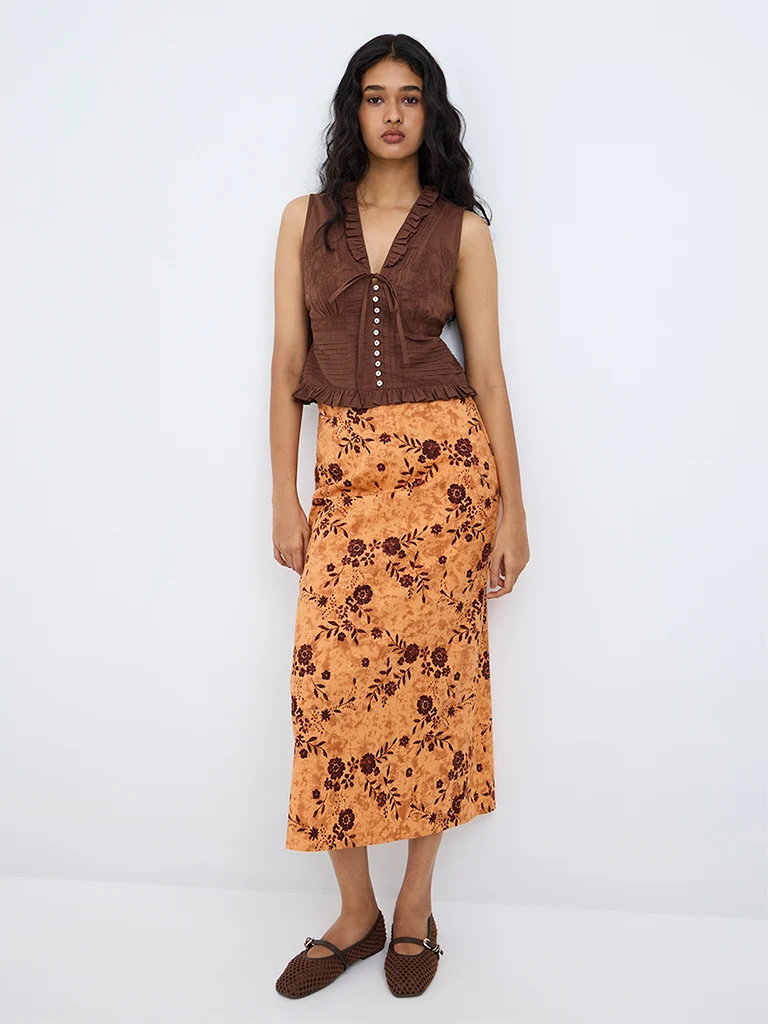 Bombay Paisley Orange Floral Pattern High-Rise Skirt