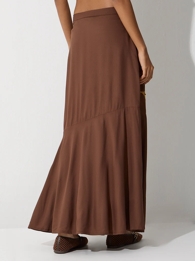 Bombay Paisley Dark Brown Leaf Design High-Rise Skirt