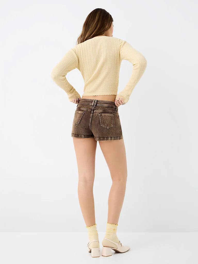 Nuon Dark Brown Washed High-Rise Denim Shorts