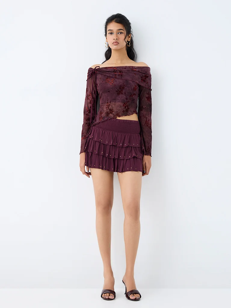 Nuon Dark Plum Stud-Detail High-Rise Tiered Skirt