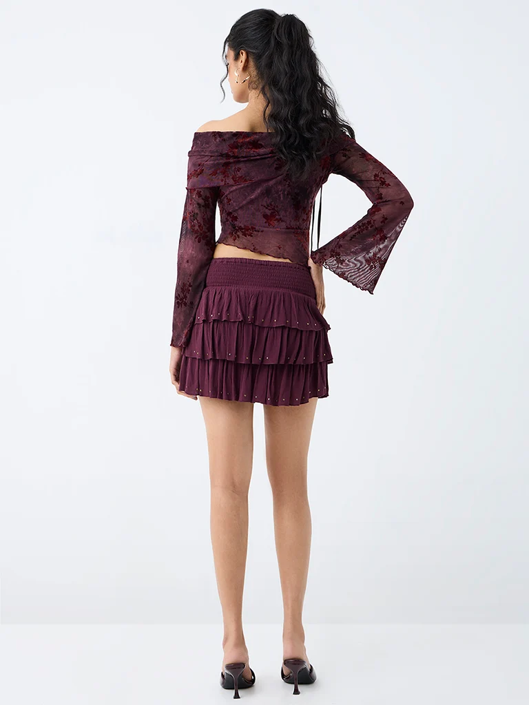 Nuon Dark Plum Stud-Detail High-Rise Tiered Skirt
