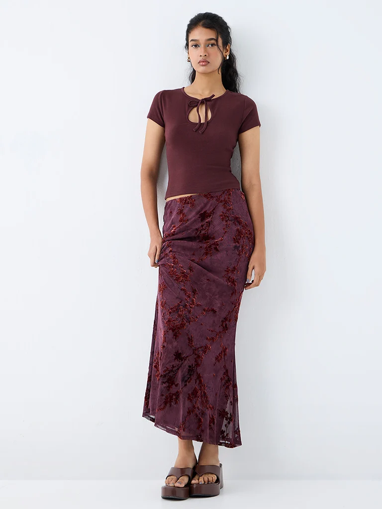 Nuon Dark Plum Floral Printed High-Rise Maxi Skirt