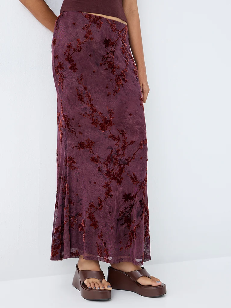 Nuon Dark Plum Floral Printed High-Rise Maxi Skirt