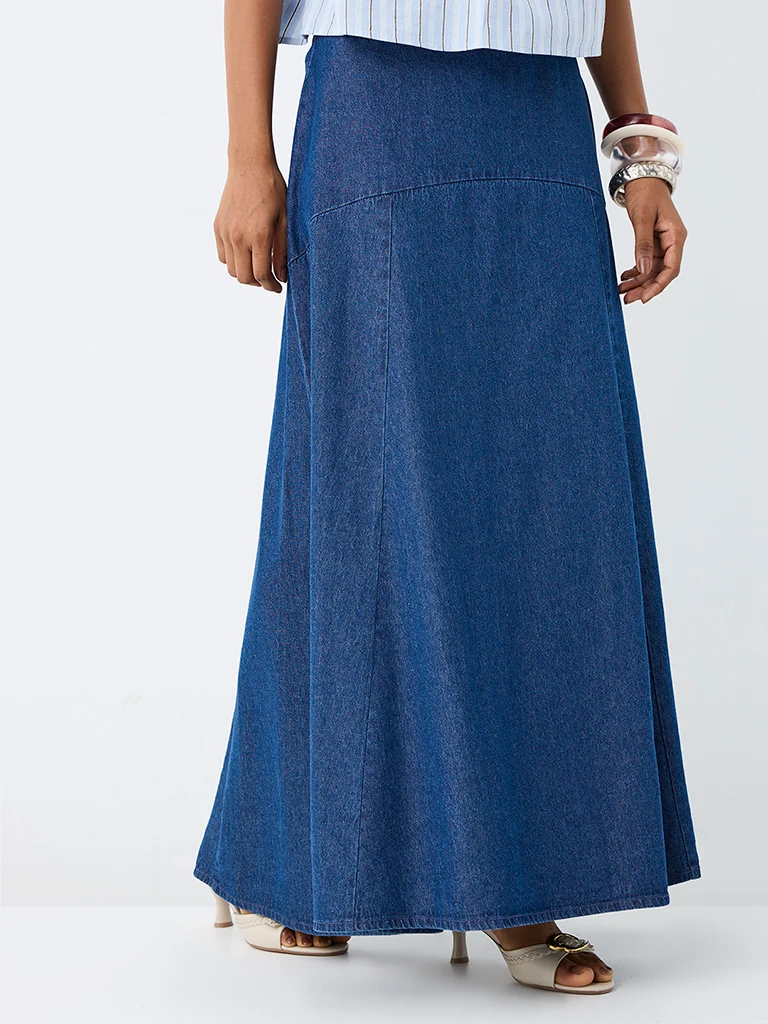 LOV Dark Blue High-Rise Cotton Maxi Skirt