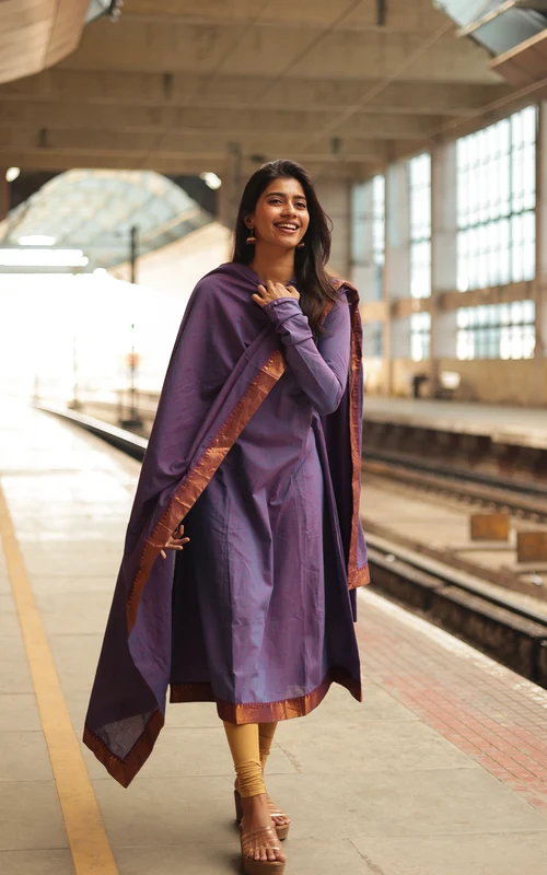 Dark Purple Dual-Tone South Cotton A-Line Kurti with Zari Dupatta