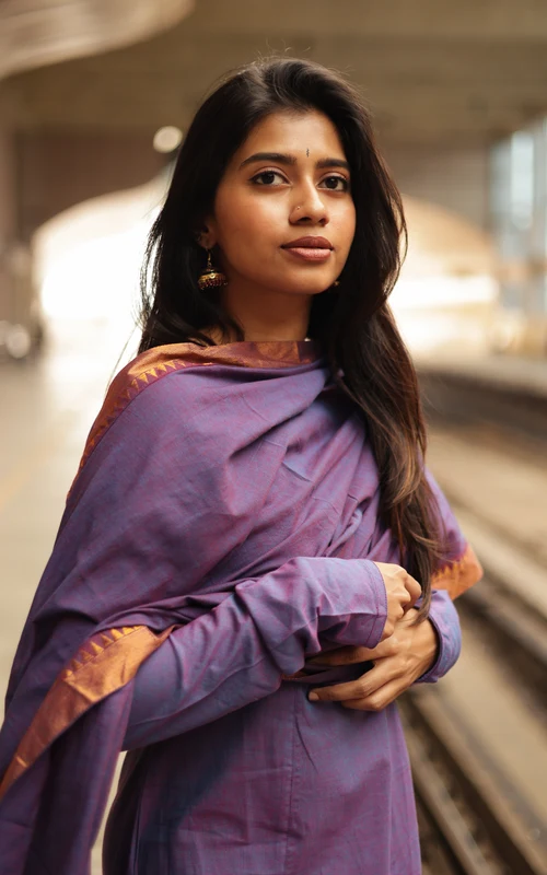 Dark Purple Dual-Tone South Cotton A-Line Kurti with Zari Dupatta