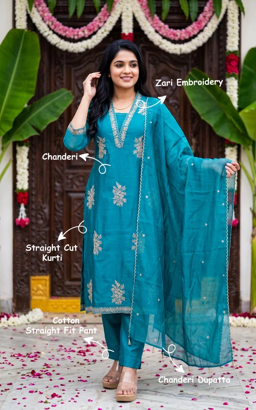 Blue Teal Chanderi Zari Embroidered Straight-Cut Kurti Set