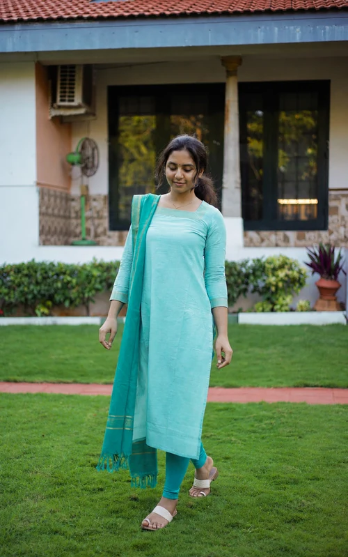 Aqua South Cotton Straight-Cut Kurti with Dupatta