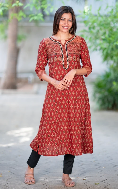 Maroon Beads & Sequin Embroidered A-Line Kurti