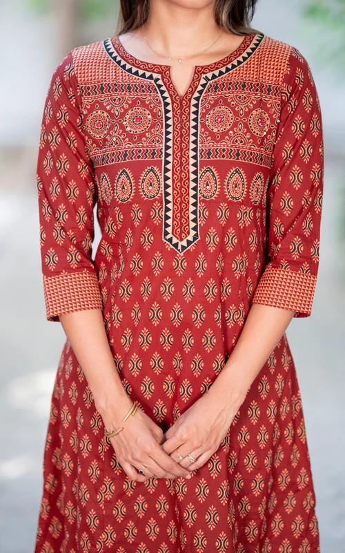 Maroon Beads & Sequin Embroidered A-Line Kurti