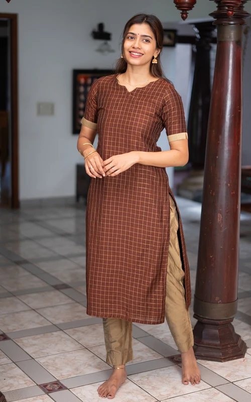 Brown & Dark Beige Silk Cotton Straight Kurti Set