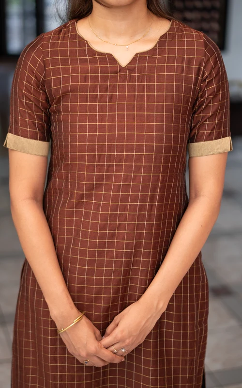 Brown & Dark Beige Silk Cotton Straight Kurti Set