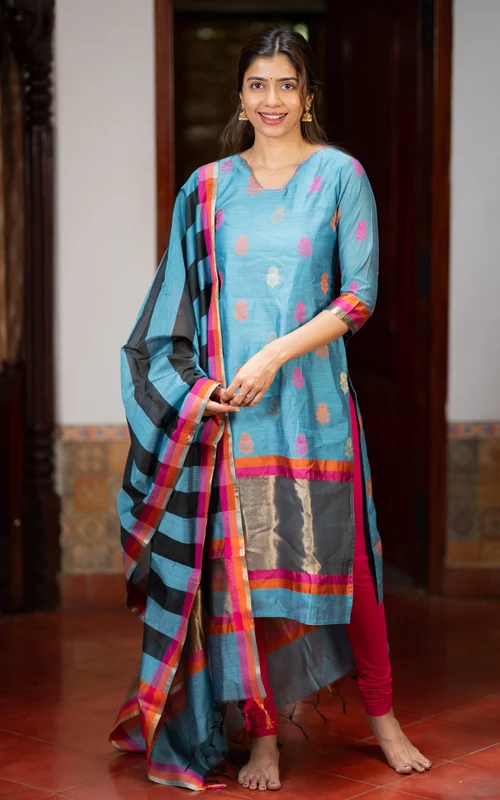 Blue Straight-Cut Kurti with Art Silk Dupatta