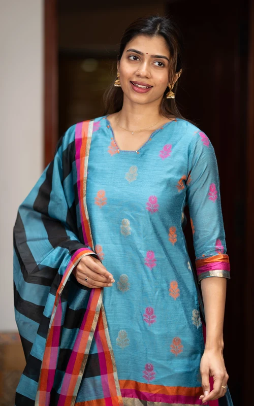 Blue Straight-Cut Kurti with Art Silk Dupatta