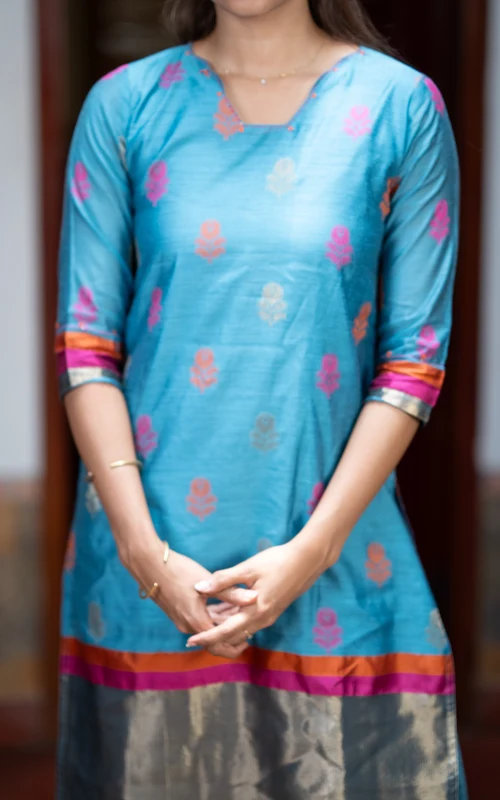 Blue Straight-Cut Kurti with Art Silk Dupatta