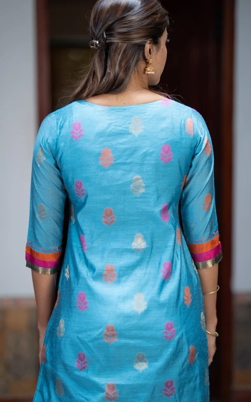 Blue Straight-Cut Kurti with Art Silk Dupatta