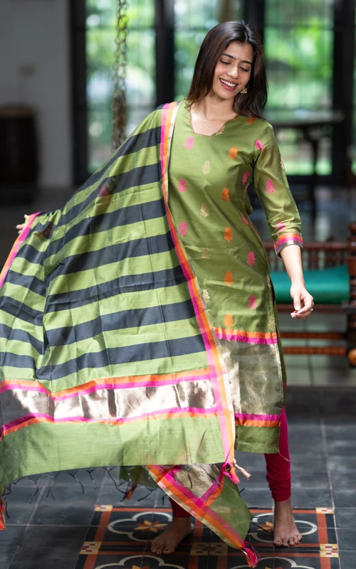 Green Straight-Cut Kurti with Art Silk Dupatta
