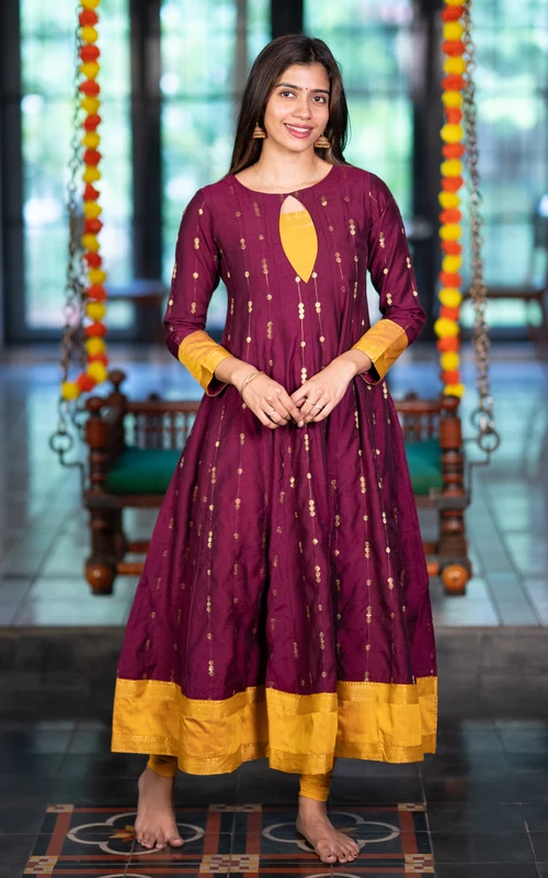 Magenta Silk Cotton Full Flared Anarkali Kurti