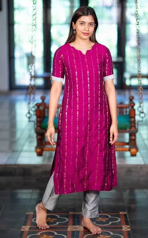 Magenta & Grey Silk Cotton Straight Kurti-Pant Set