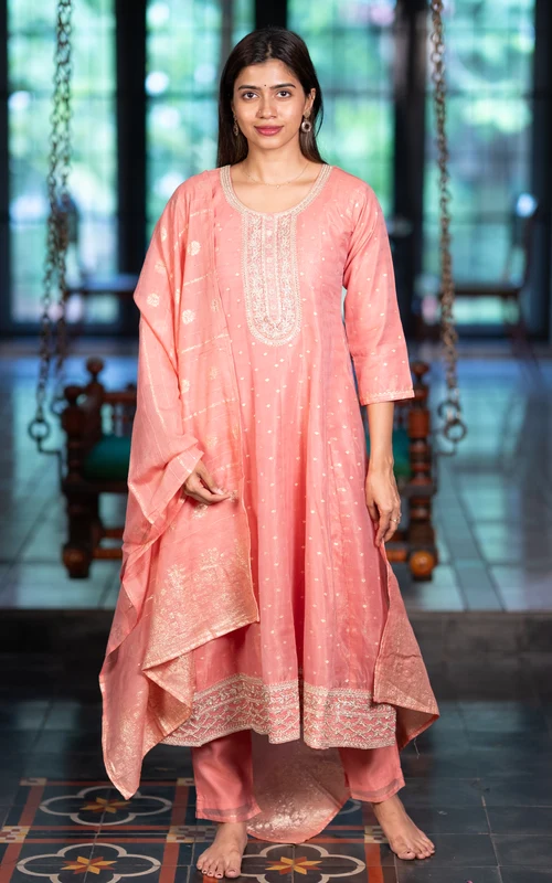 Peach Chanderi Anarkali Set with Zari Embroidery