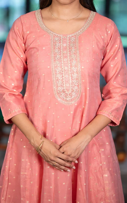 Peach Chanderi Anarkali Set with Zari Embroidery