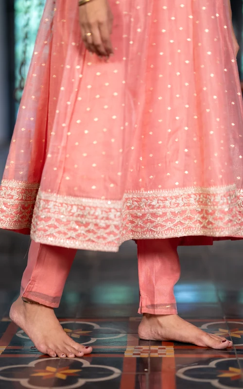 Peach Chanderi Anarkali Set with Zari Embroidery