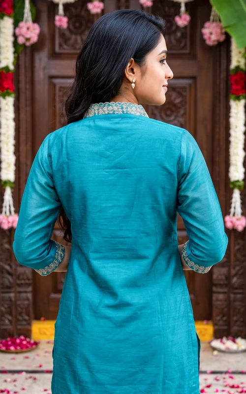 Blue Teal Chanderi Zari Embroidered Straight-Cut Kurti Set