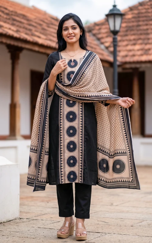 Black Art Silk Blend Straight Cut Kurti Set with Thread Embroidery, Pant & Dupatta