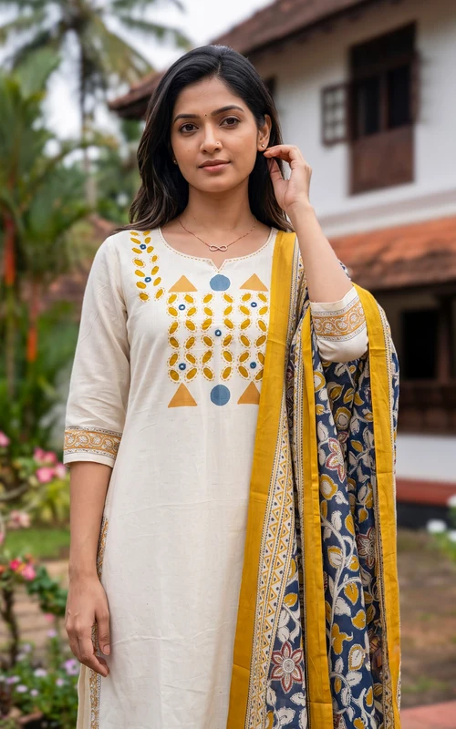 Off White & Mustard Handblock Cotton Kurti Set