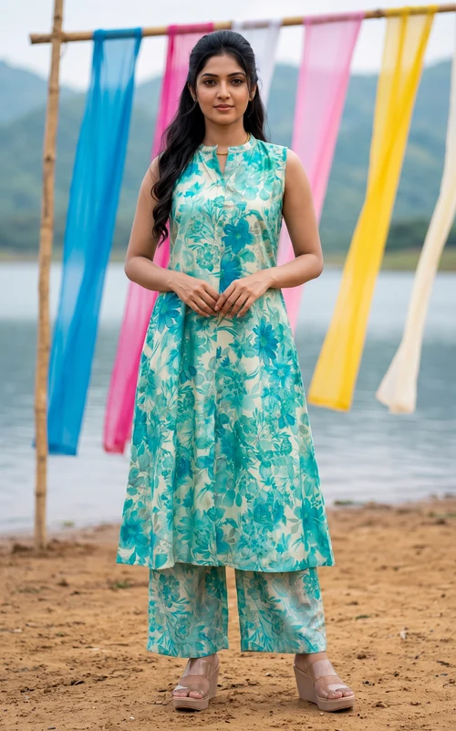 Aqua Blue A-Line Kurti with Mandarin Collar & Palazzo Set