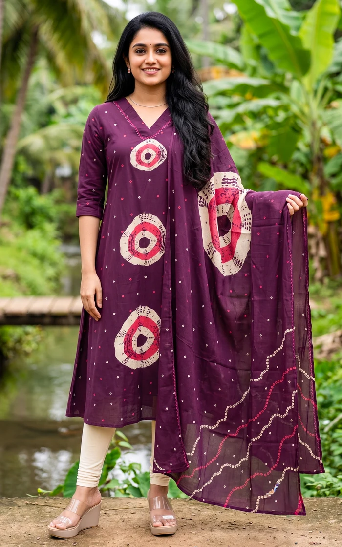 Purple Thread & Mirror Work Semi-Aline Kurti Set