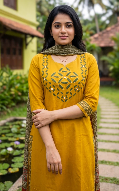 Mustard Handblock Cotton Kurti Set