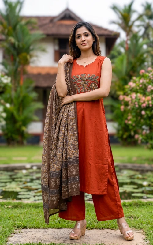Rust Cotton Handblock Straight Cut Kurti Set with Thread & Mirror Embroidery