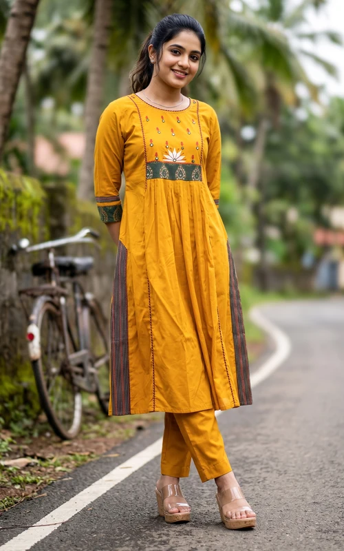 Mustard Thread & Mirror Embroidered A-Line Kurti Set