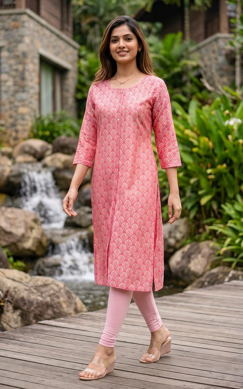Peach Silk Cotton Straight Cut Kurti