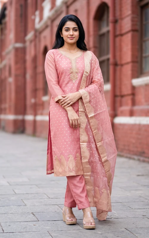 Peach Chanderi Straight Cut Kurti Set with Gold Zari, Mirror & Stone Work