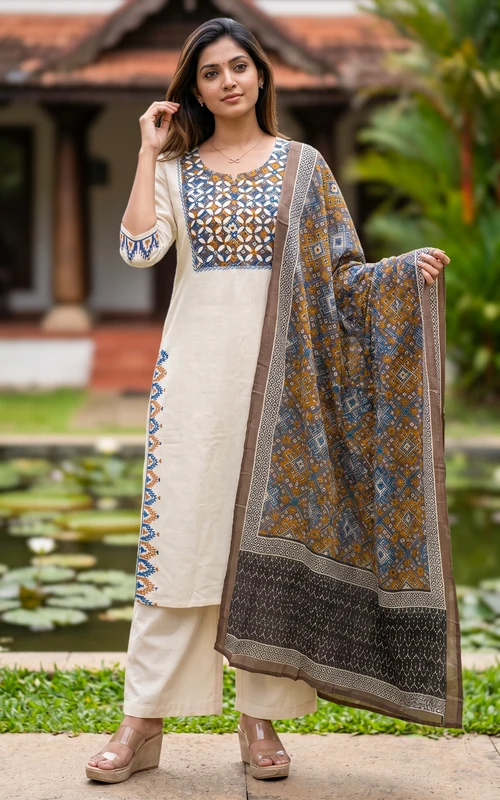 Off White & Brown Cotton Handblock Kurti Set with Thread & Mirror Embroidery