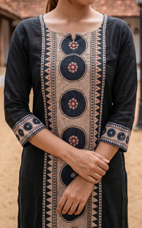 Black Art Silk Blend Straight Cut Kurti Set with Thread Embroidery, Pant & Dupatta