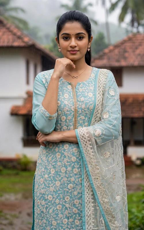 Blue Chanderi Straight Cut Kurti Set with Thread Embroidery