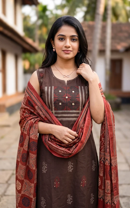 Brown Handblock Cotton Kurti Set