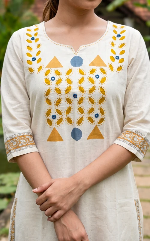 Off White & Mustard Handblock Cotton Kurti Set