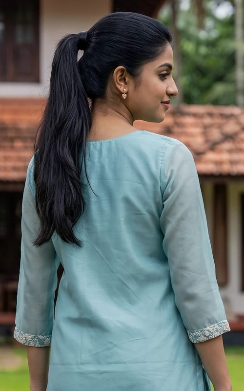 Blue Chanderi Straight Cut Kurti Set with Thread Embroidery