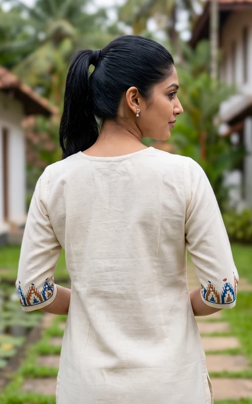 Off White & Brown Cotton Handblock Kurti Set with Thread & Mirror Embroidery
