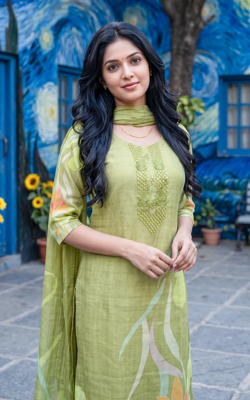 Pista Green Embroidered & Mirror Work Straight-Cut Kurti Set