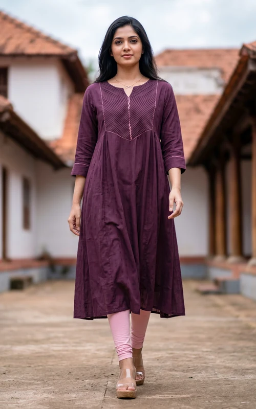Plum Art Silk Anarkali Kurti with Pintuck Detailing