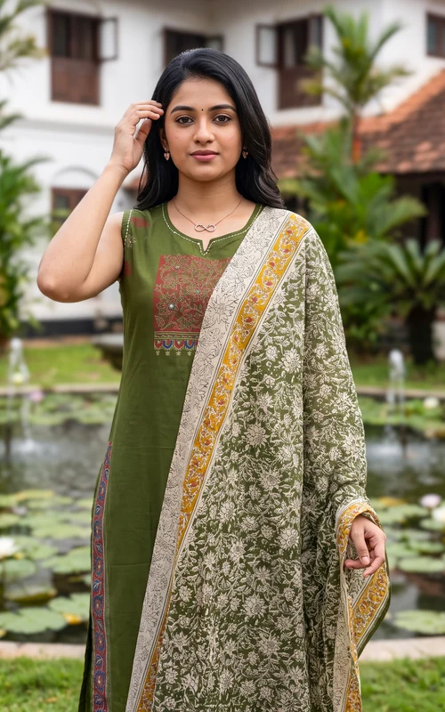Mehandi Green Cotton Handblock Straight Cut Kurti Set with Mirror Embroidery