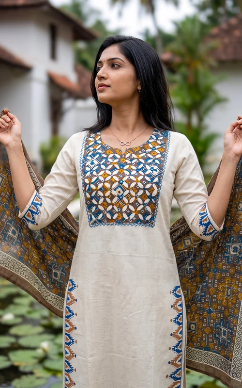 Off White & Brown Cotton Handblock Kurti Set with Thread & Mirror Embroidery